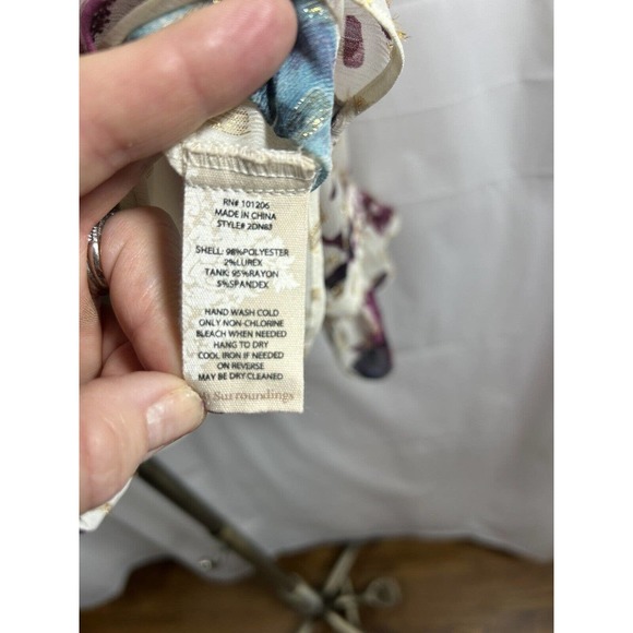 Soft Surroundings Floral Metallic Blouse Tie Neck Bell Sleeve Size S Multicolor - Picture 7 of 9